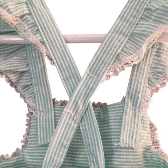 Vintage NWT Seersucker Green White Striped Rufffle Jumpsuit Overalls - Picture 2 of 11